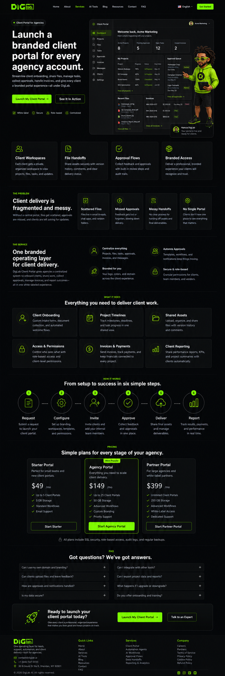 DigLab Client Portal full-page dark landing page concept with Hamza avatar and branded client workspace dashboard