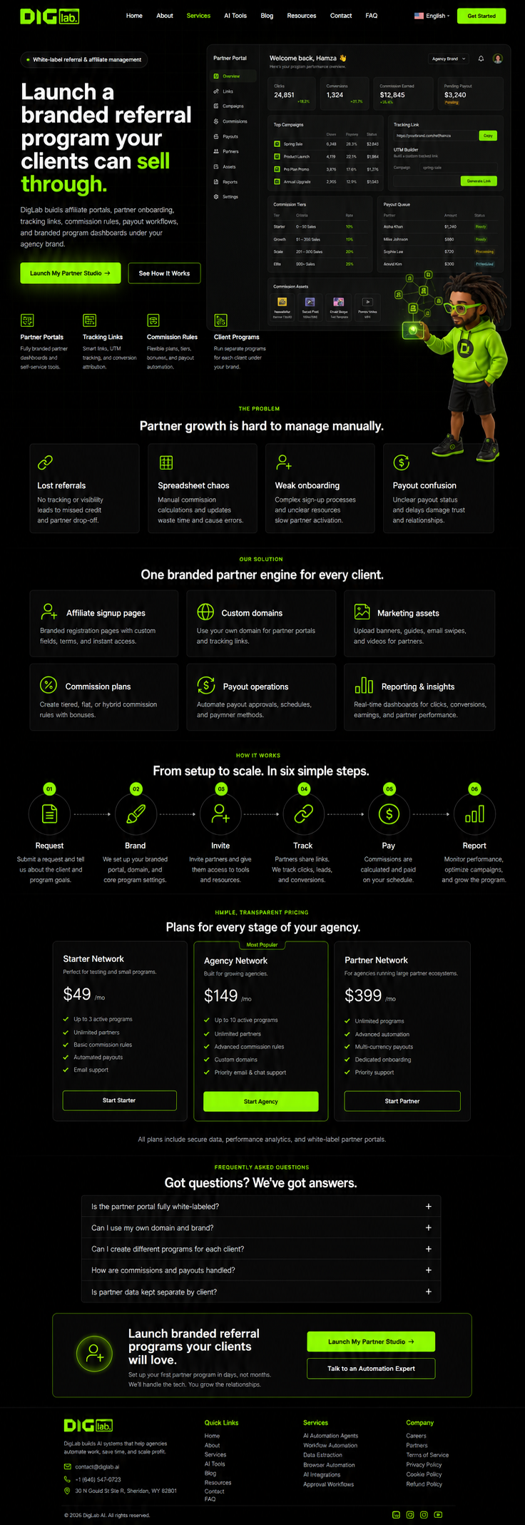 DigLab Partner Studio full-page dark landing page concept with Hamza avatar and affiliate referral dashboard