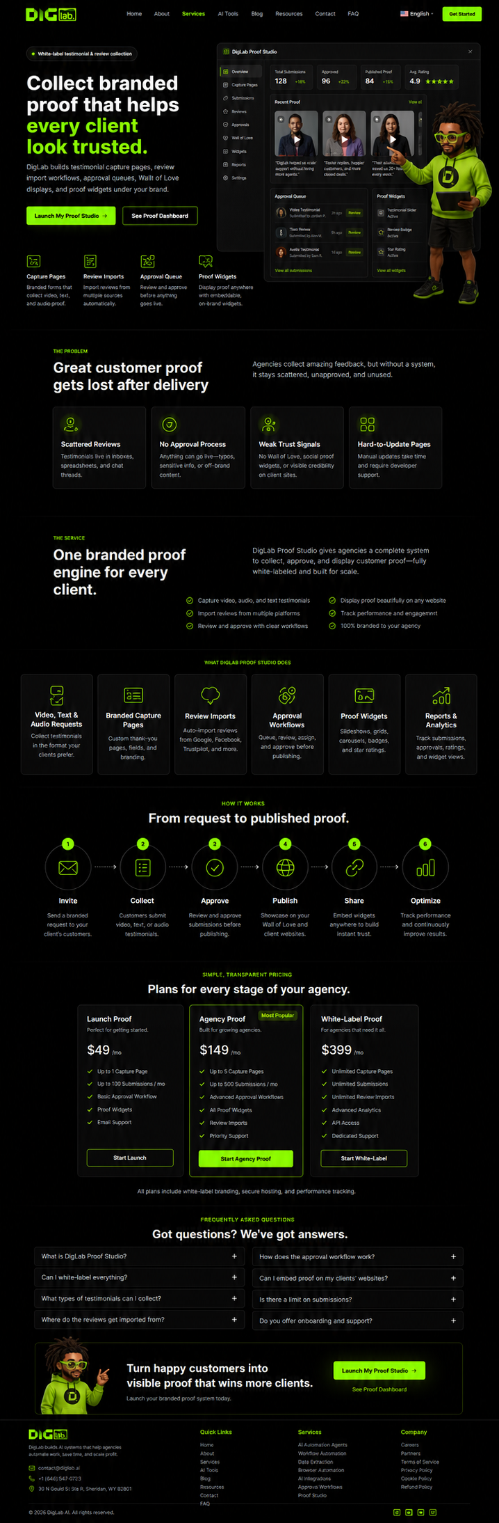 DigLab Proof Studio full-page dark landing page concept with Hamza avatar and testimonial dashboard