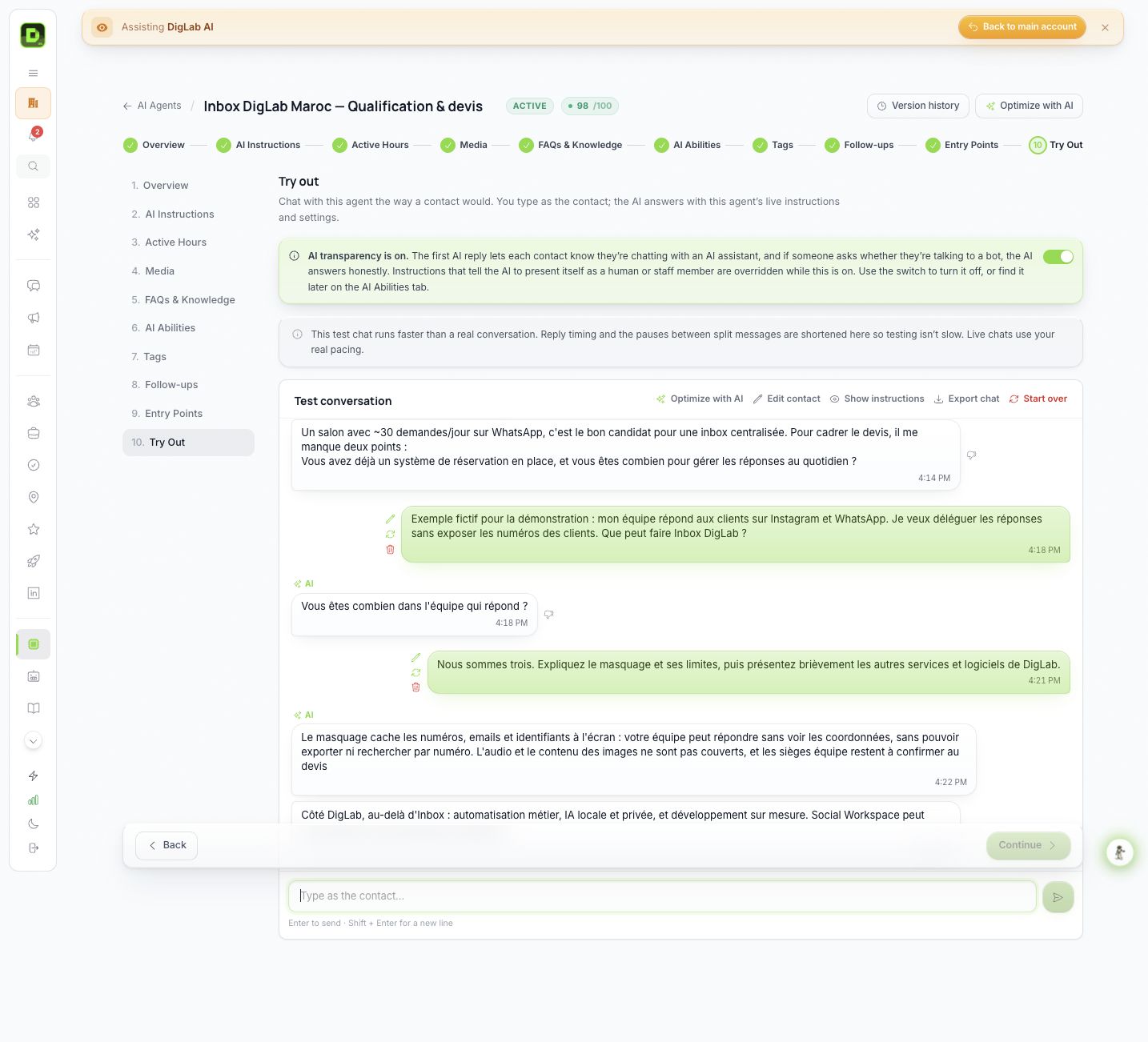 Conversation de qualification — test réel Inbox DigLab