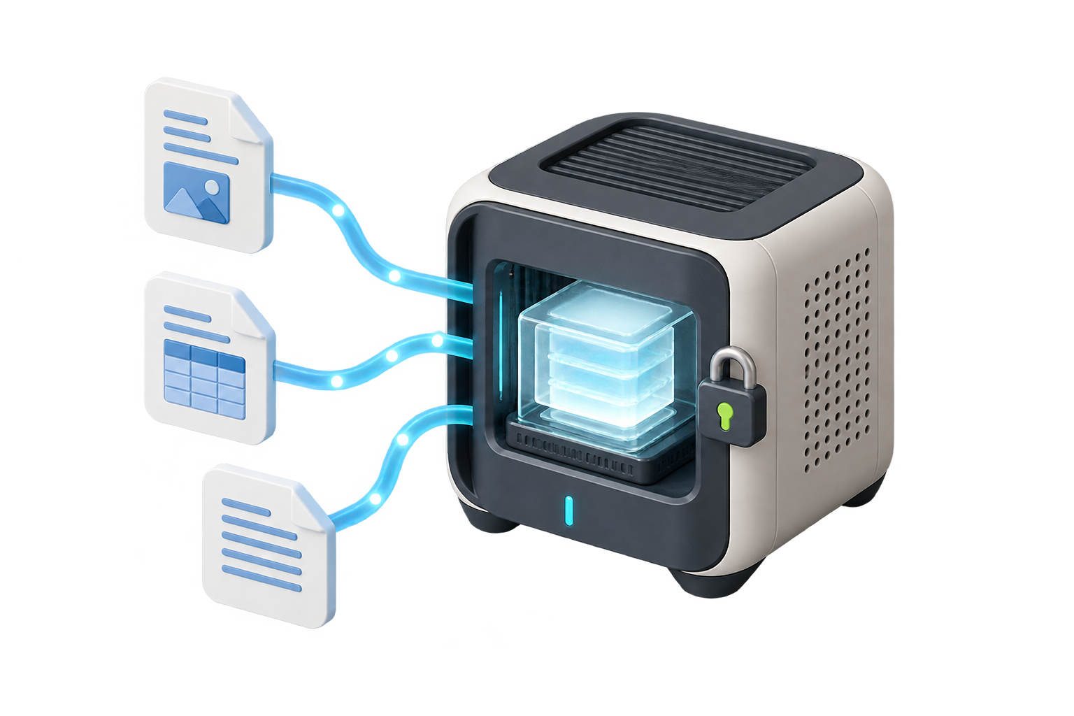 Illustration of company documents connected to a private AI server.