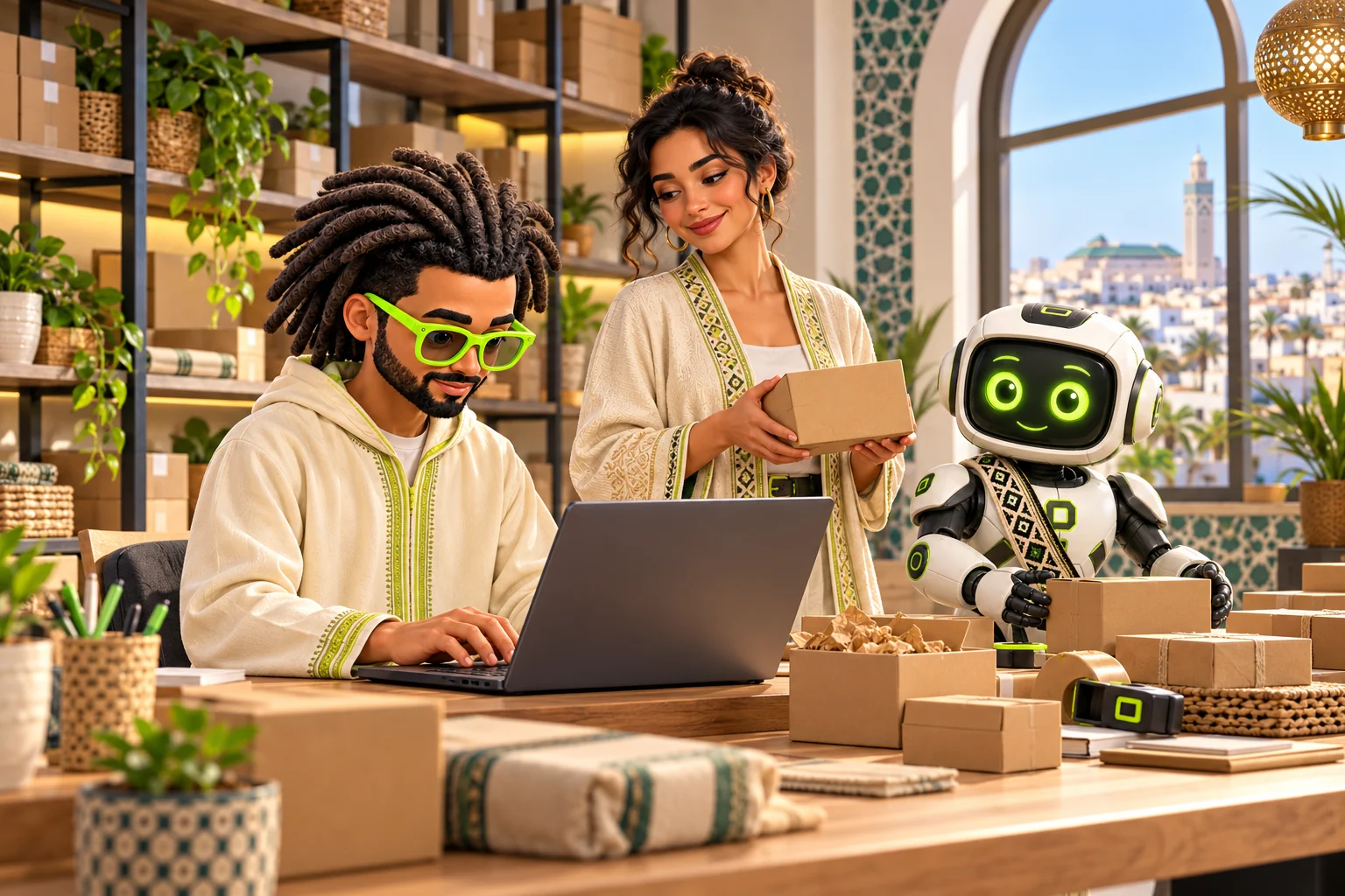 Hamza sur son ordinateur ouvert et DigBot avec une commerçante dans un atelier e-commerce marocain. Illustration.