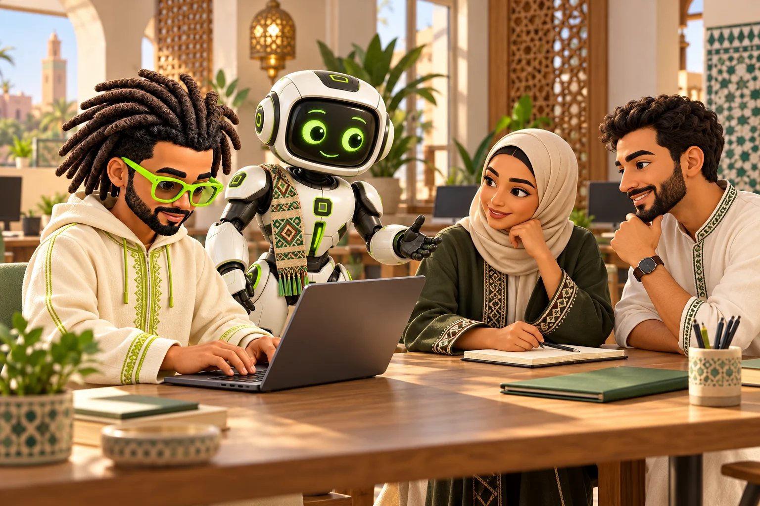 Hamza sur son ordinateur ouvert, DigBot et deux collègues dans un espace de travail marocain. Illustration.